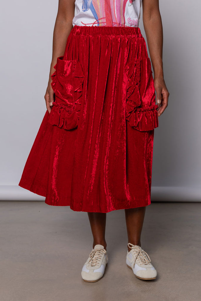 Velvet Ruffled Pocket Skirt - Red