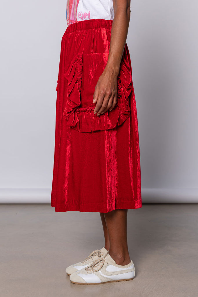 Velvet Ruffled Pocket Skirt - Red