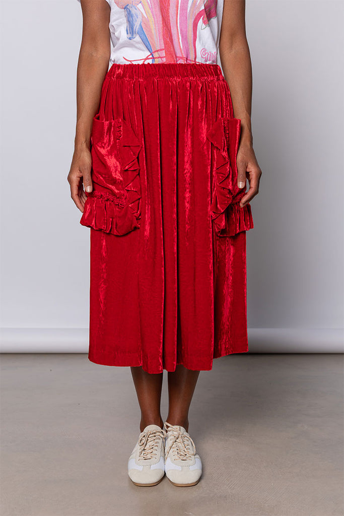 Velvet Ruffled Pocket Skirt - Red