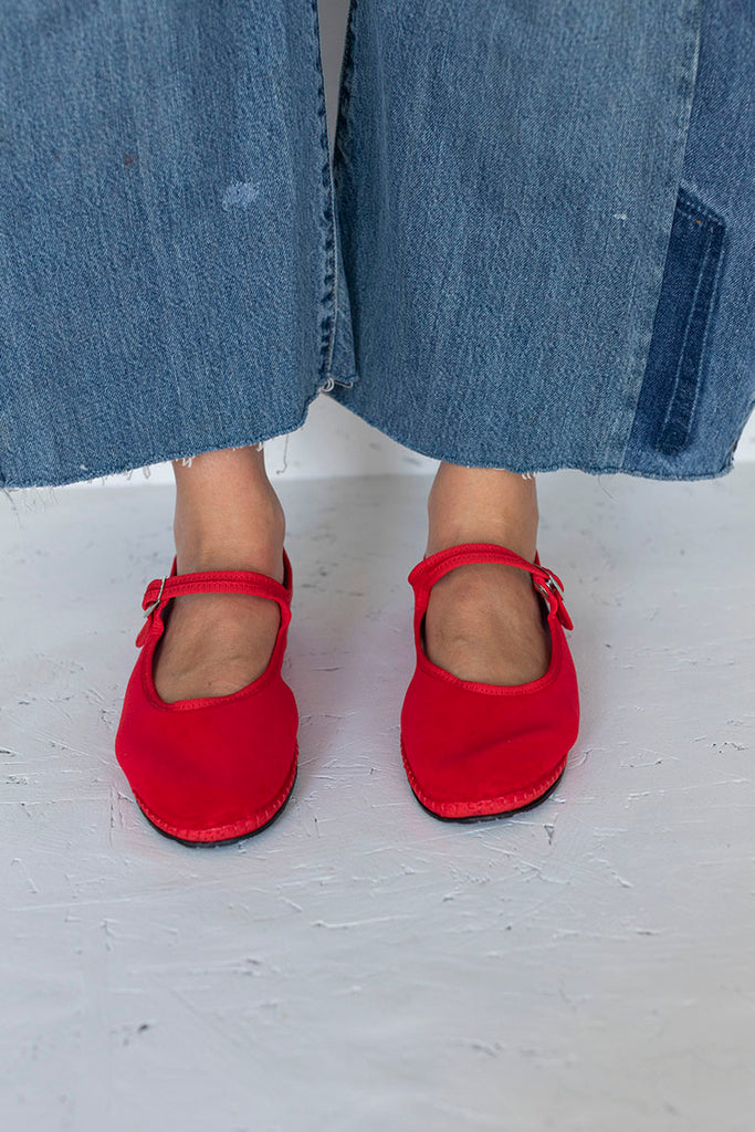 Velvet Mary Jane Slippers - Red