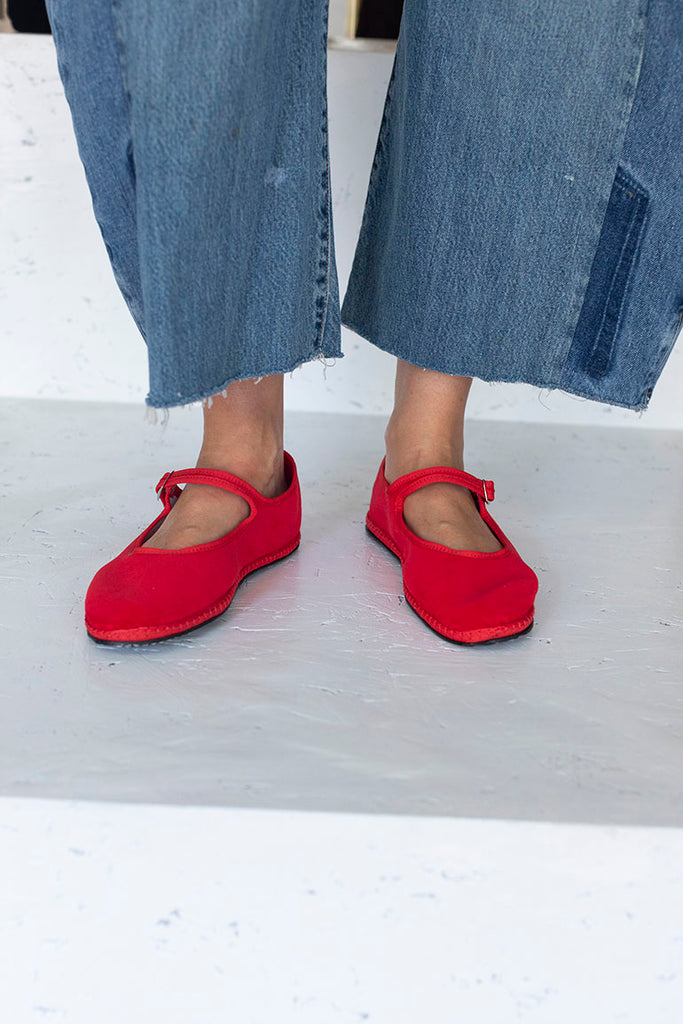Velvet Mary Jane Slippers - Red