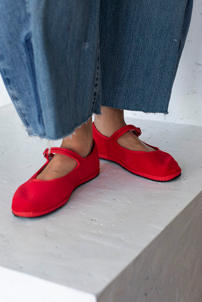 Velvet Mary Jane Slippers - Red