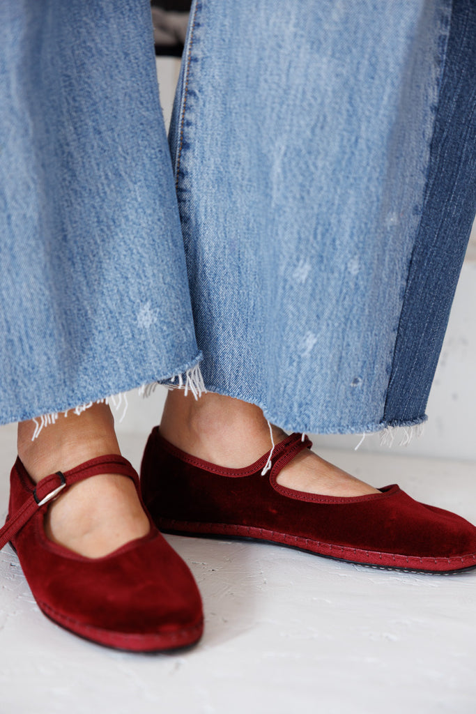 Velvet Mary Jane Slippers - Burgundy