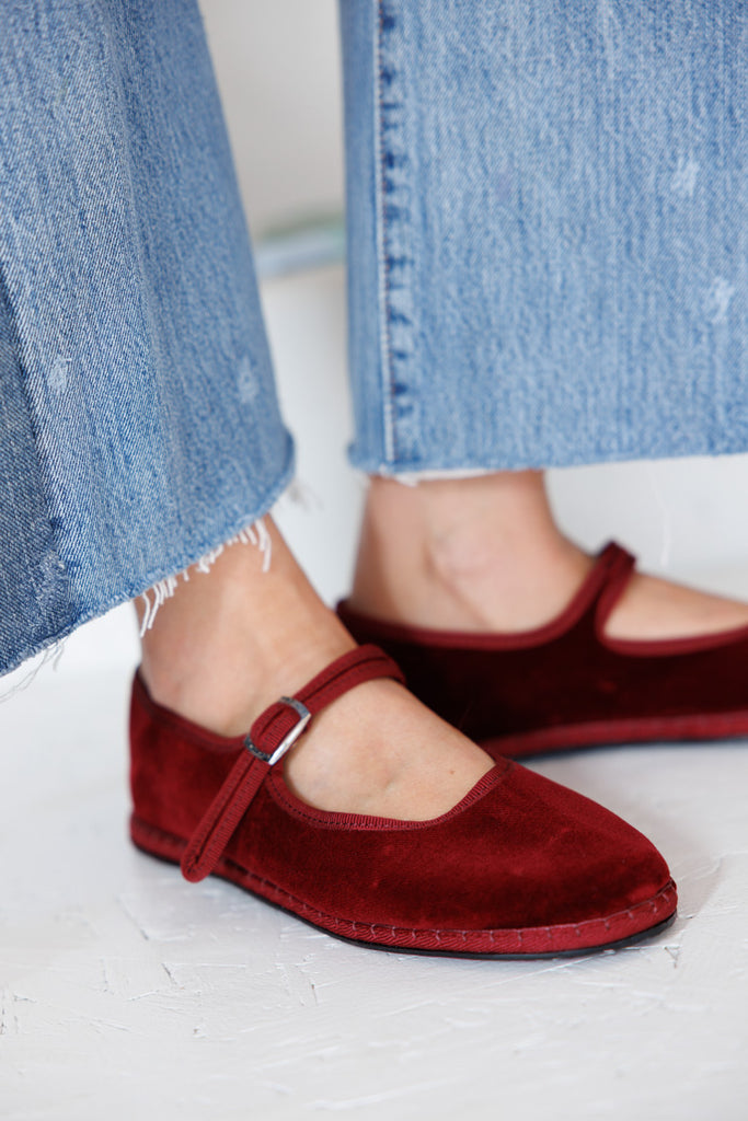 Velvet Mary Jane Slippers - Burgundy