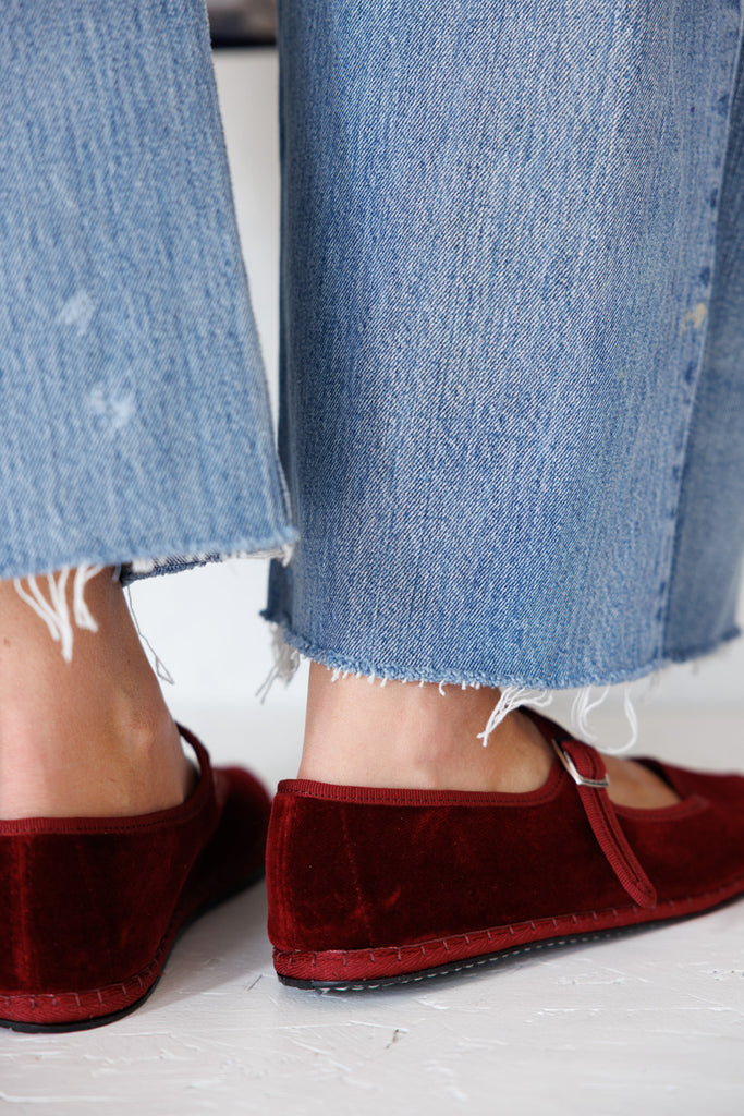 Velvet Mary Jane Slippers - Burgundy