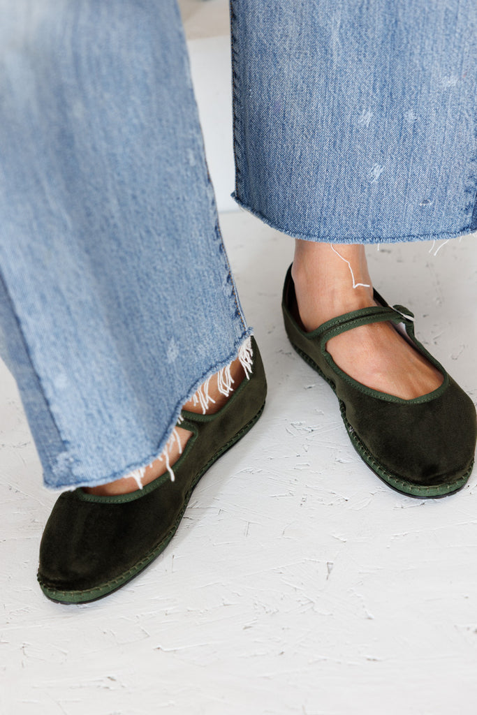 Velvet Mary Jane Slippers - Olive