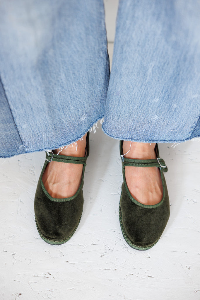 Velvet Mary Jane Slippers - Olive