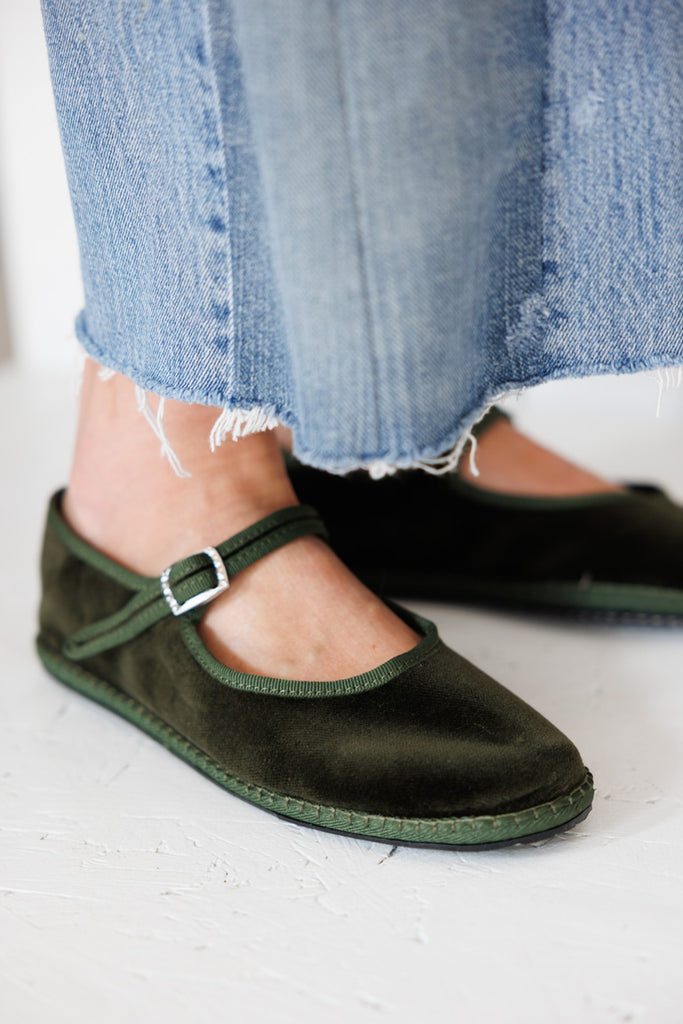 Velvet Mary Jane Slippers - Olive