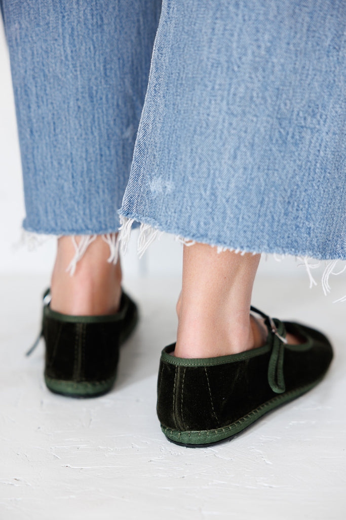 Velvet Mary Jane Slippers - Olive