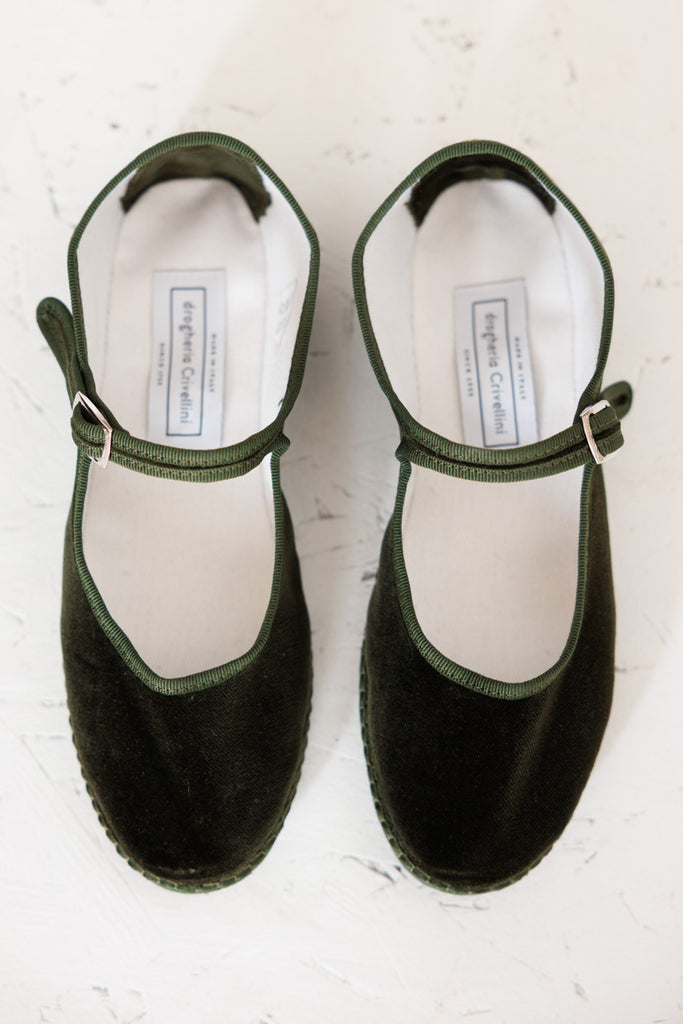 Velvet Mary Jane Slippers - Olive