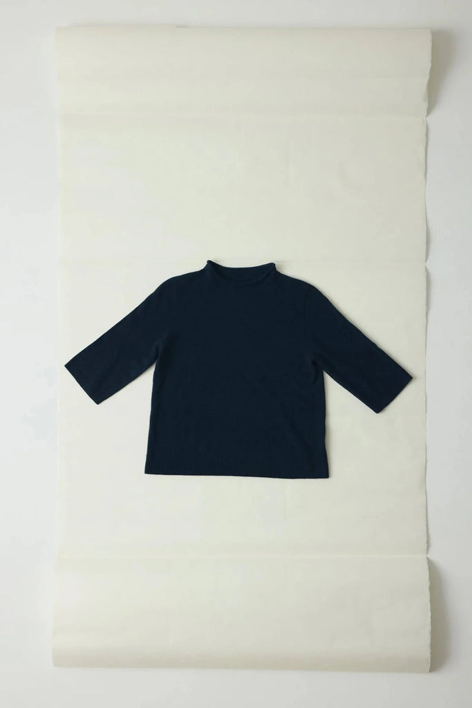 Fine Wool Cashmere Half Sleeve Sweater - Darkest Navy