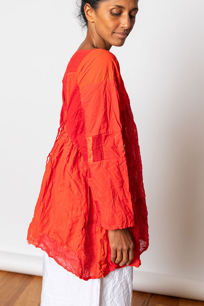 Washed & Crushed Patchwork Top - Red/Orange