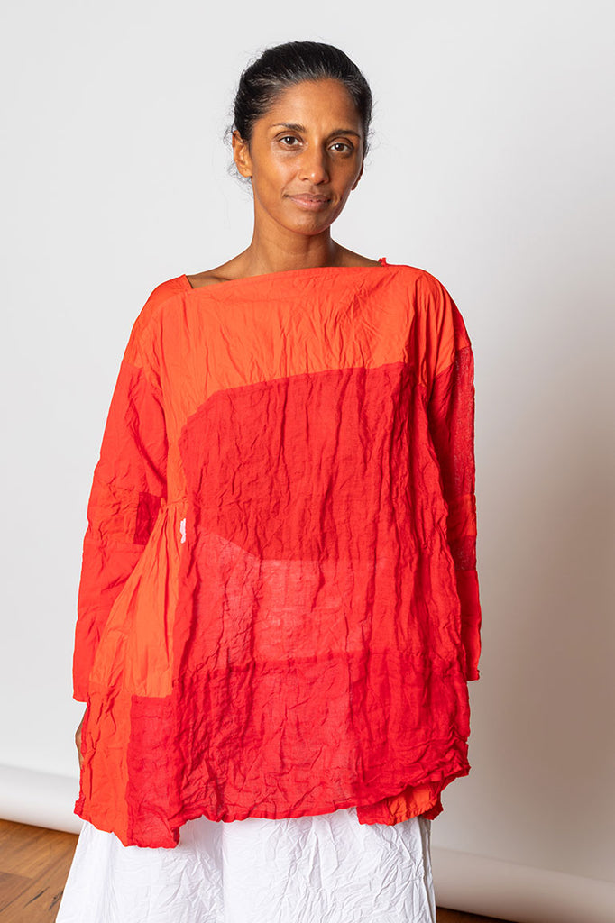 Washed & Crushed Patchwork Top - Red/Orange