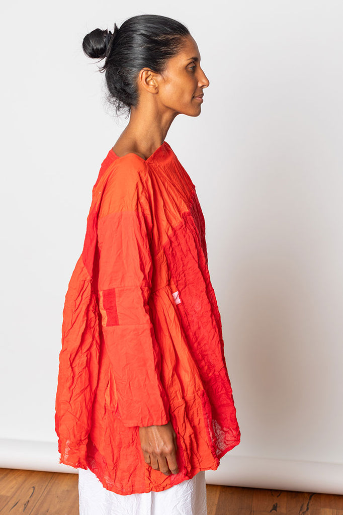 Washed & Crushed Patchwork Top - Red/Orange
