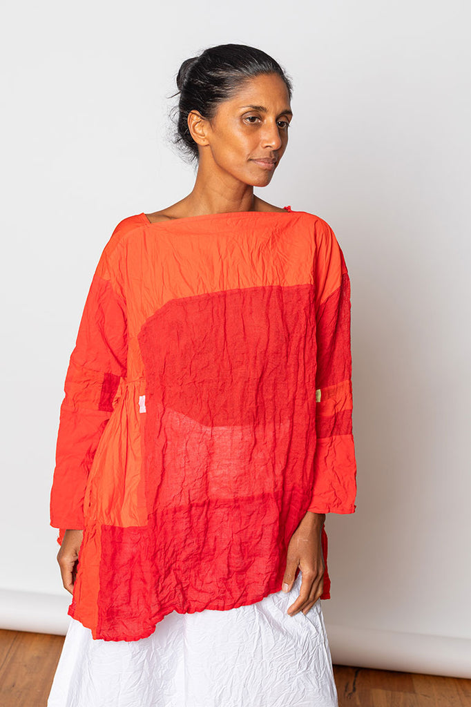 Washed & Crushed Patchwork Top - Red/Orange