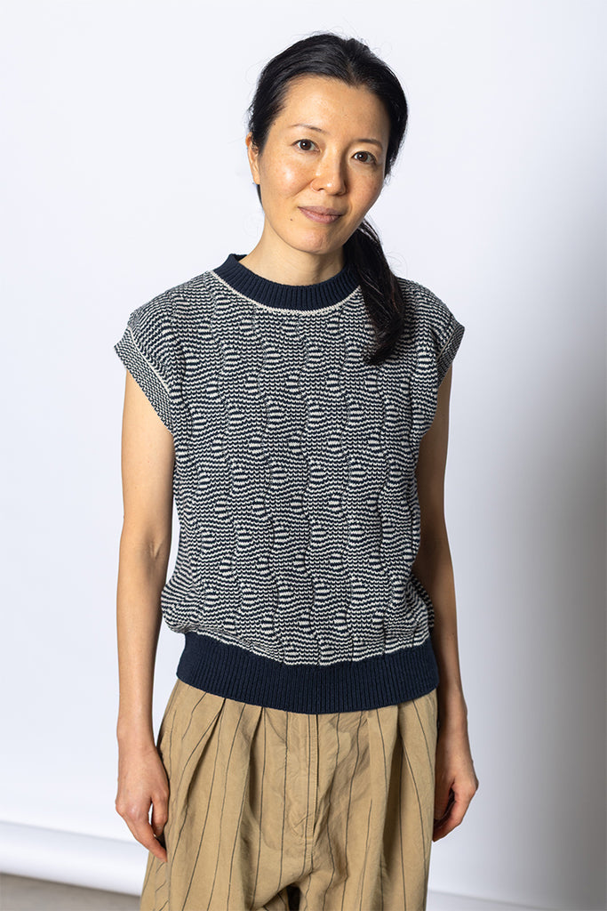 Wavey Stripe Knitted Wool Cotton Top - Navy/Parchment