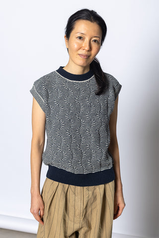 Wavey Stripe Knitted Wool Cotton Top - Navy/Parchment