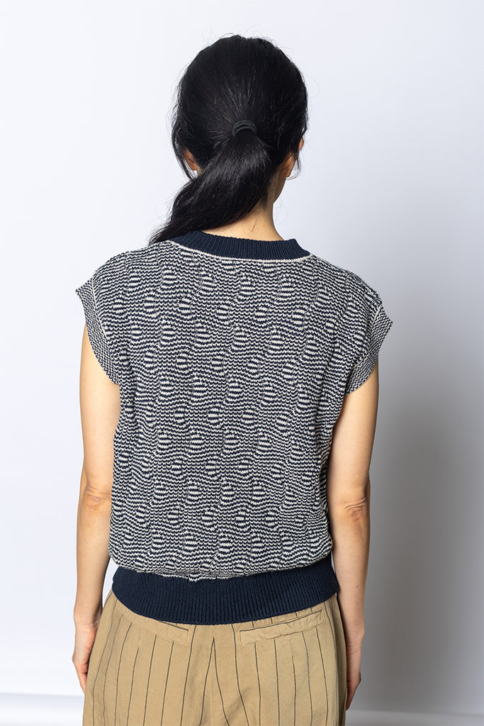 Wavey Stripe Knitted Wool Cotton Top - Navy/Parchment
