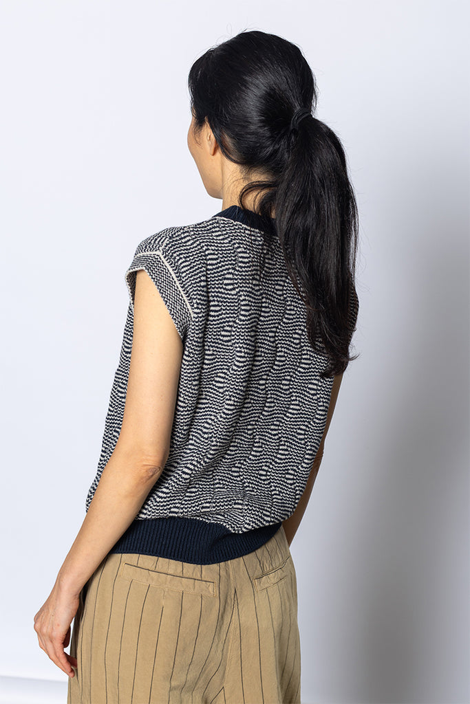 Wavey Stripe Knitted Wool Cotton Top - Navy/Parchment