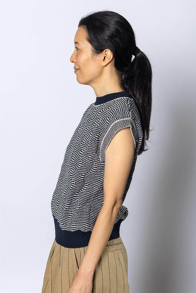 Wavey Stripe Knitted Wool Cotton Top - Navy/Parchment