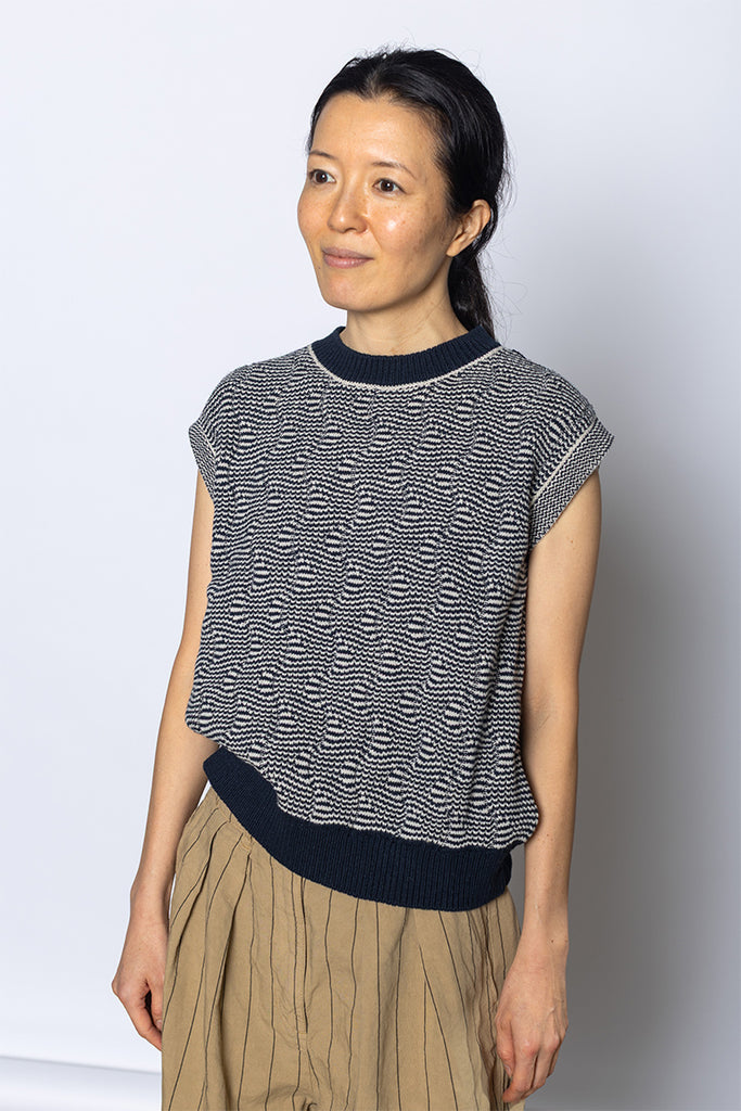 Wavey Stripe Knitted Wool Cotton Top - Navy/Parchment
