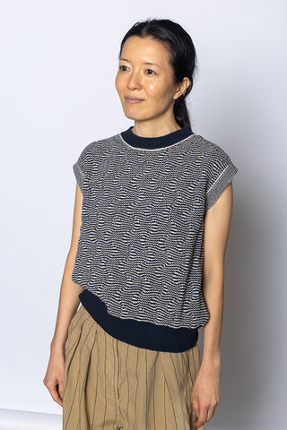 Wavey Stripe Knitted Wool Cotton Top - Navy/Parchment