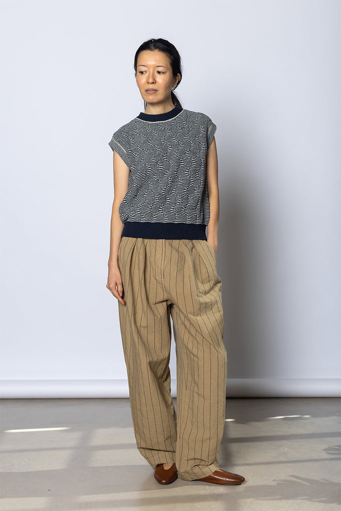 Wavey Stripe Knitted Wool Cotton Top - Navy/Parchment