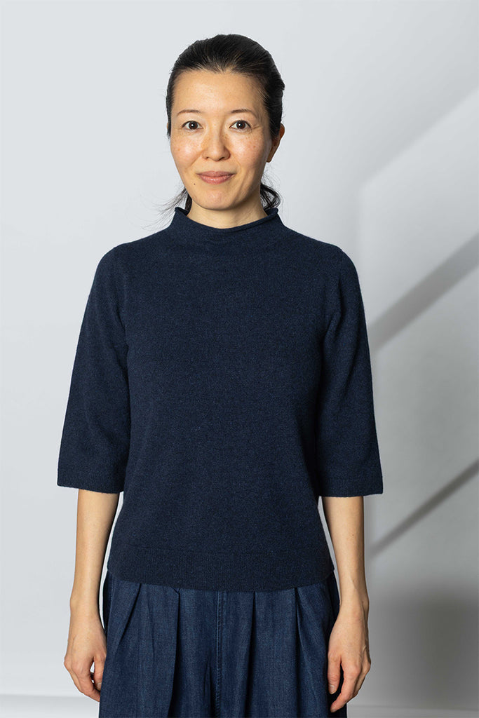 Wool Cashmere Half Sleeve Sweater - Darkest Navy