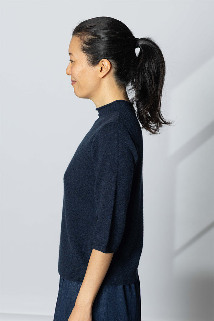 Wool Cashmere Half Sleeve Sweater - Darkest Navy
