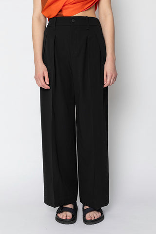 Wool Gabardine Pleated Pant - Black