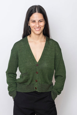 Wool Linen Patch Pocket Cardigan - Artichoke