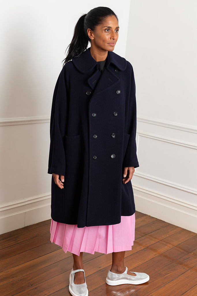 Wool Nylon Blend Coat - Navy