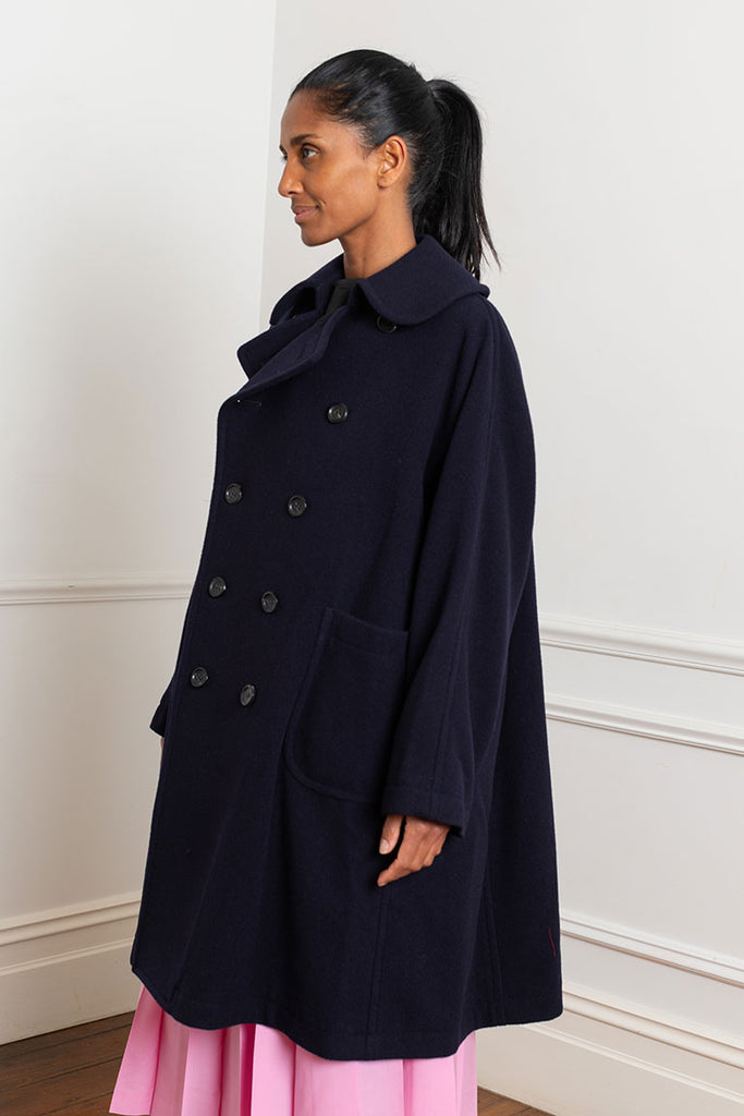 Wool Nylon Blend Coat - Navy