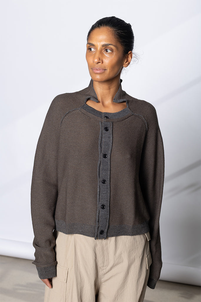 Collared Contrast Trim Cardigan - Taupe/Grey