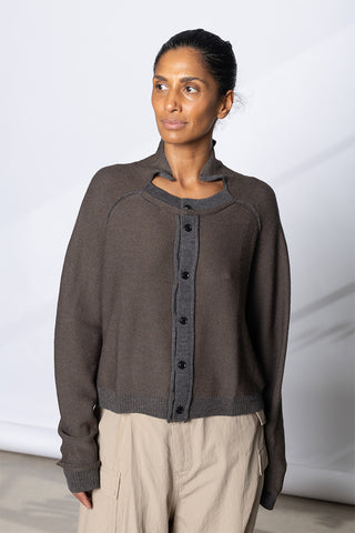 Collared Contrast Trim Cardigan - Taupe/Grey