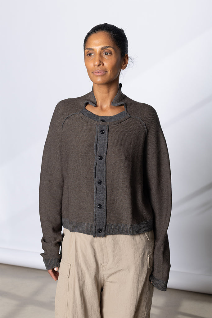 Collared Contrast Trim Cardigan - Taupe/Grey