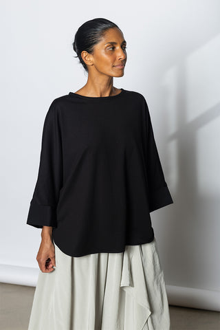 Contrast Cuff Round Neck T-Shirt - Black