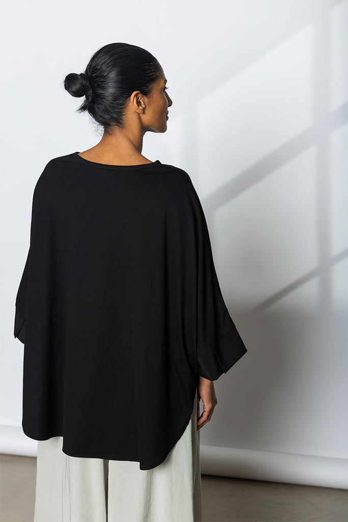 Contrast Cuff Round Neck T-Shirt - Black