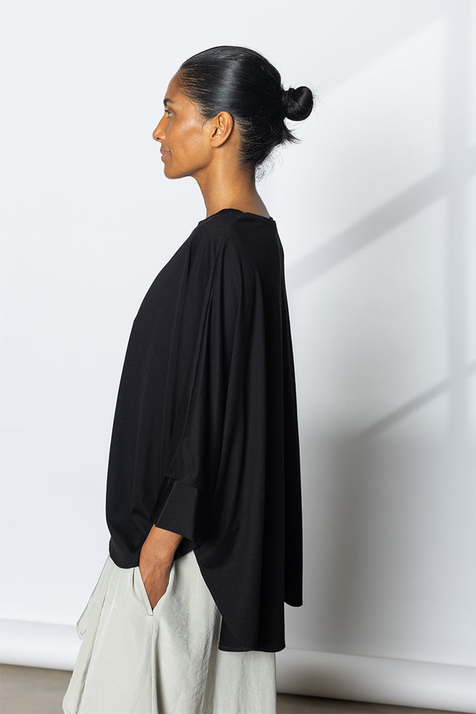 Contrast Cuff Round Neck T-Shirt - Black