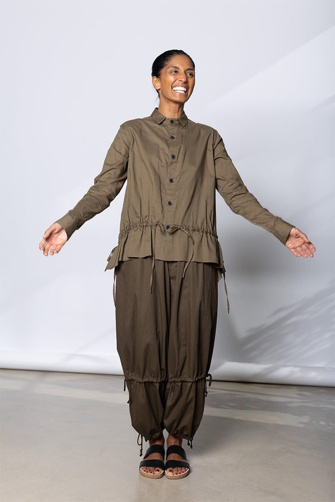Drawstring Gather Long Sleeve Blouse - Khaki