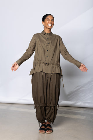 Drawstring Gather Long Sleeve Blouse - Khaki