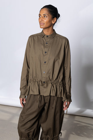 Drawstring Gather Long Sleeve Blouse - Khaki