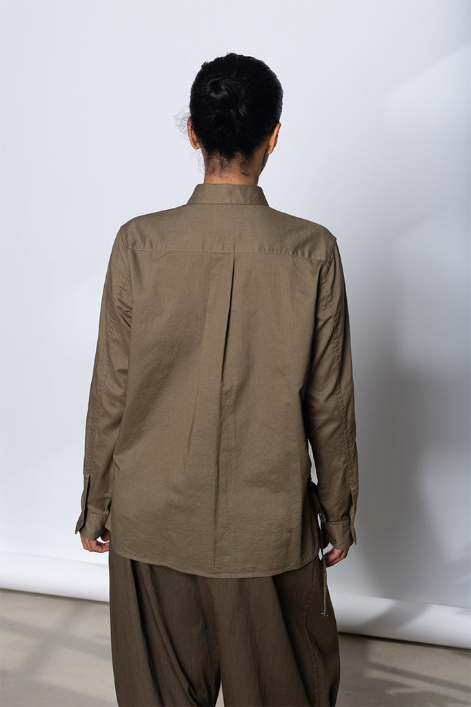 Drawstring Gather Long Sleeve Blouse - Khaki