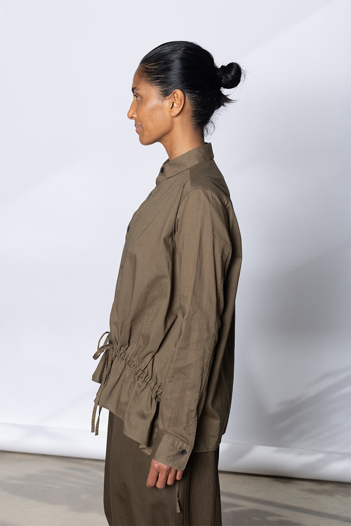 Drawstring Gather Long Sleeve Blouse - Khaki