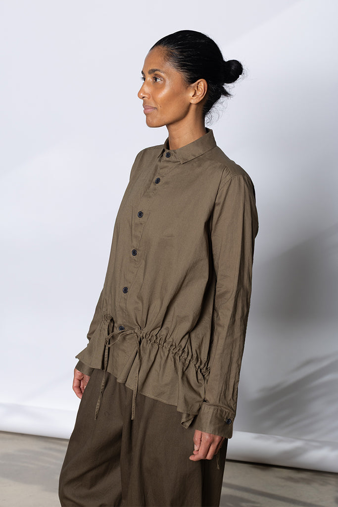 Drawstring Gather Long Sleeve Blouse - Khaki