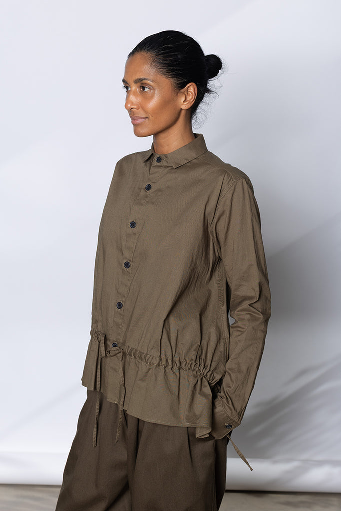 Drawstring Gather Long Sleeve Blouse - Khaki