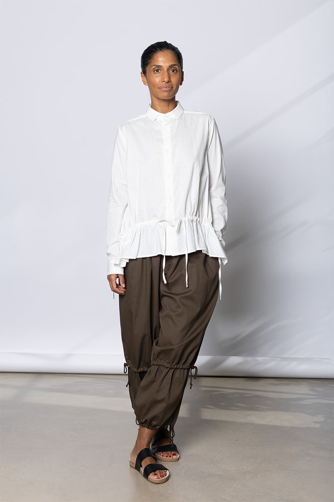 Drawstring Gather Long Sleeve Blouse - White
