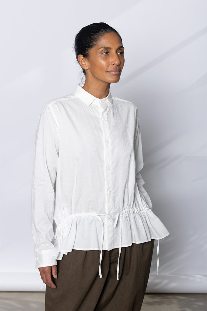Drawstring Gather Long Sleeve Blouse - White