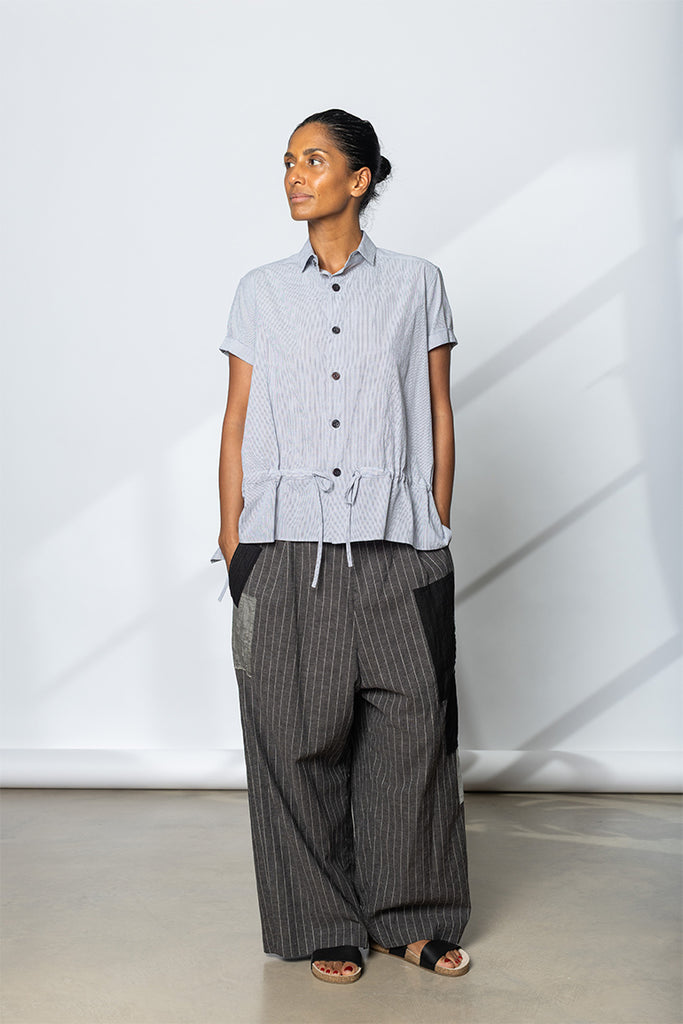 Drawstring Gather Short Sleeve Blouse - Navy