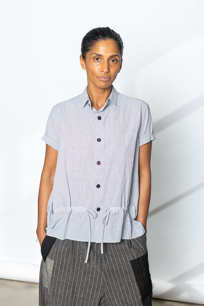 Drawstring Gather Short Sleeve Blouse - Navy